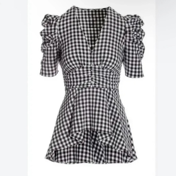 Boston Proper Puff Sleeve High Low Buffalo Check V Neck Baby Doll Top - Picture 2 of 7
